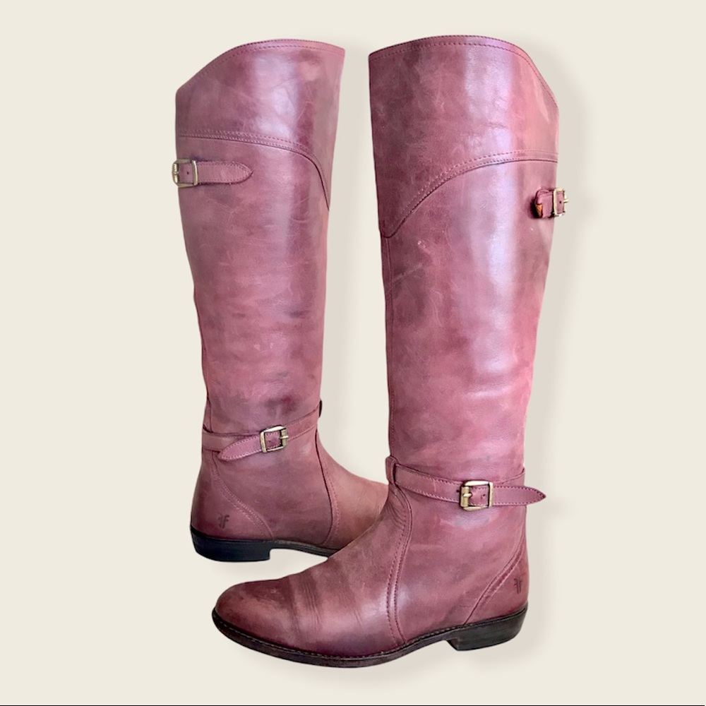 Frye Dorado Polished Genuine Leather Bordeaux/Light Red Knee High Riding Boots - Picture 6 of 16
